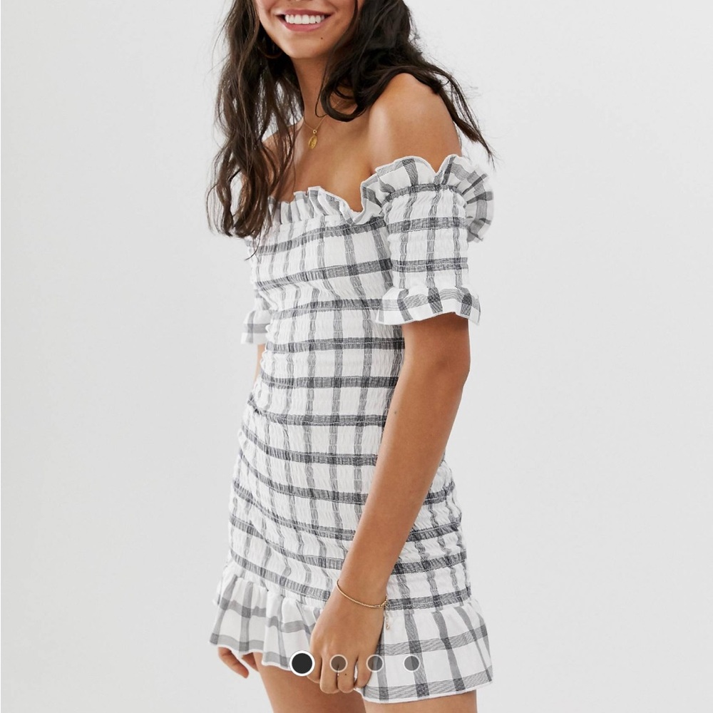 ASOS shirred sundress with tiered hem in white as gray check